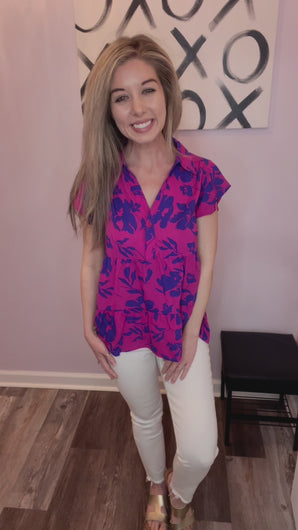 Pink & Blue Collared Neckline Button Flutter Sleeve Tiered Top