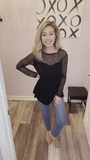 Black Leopard Mesh Long Sleeve Sweetheart Top