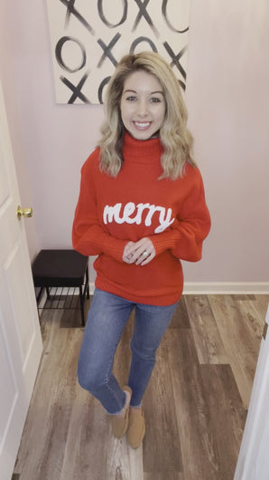Merry Embroidered Red Turtleneck Sweater