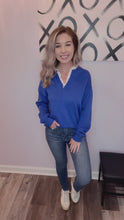 Load and play video in Gallery viewer, Cobalt Blue V Neck Sweater With Eyelet Collar Lining Sweater
