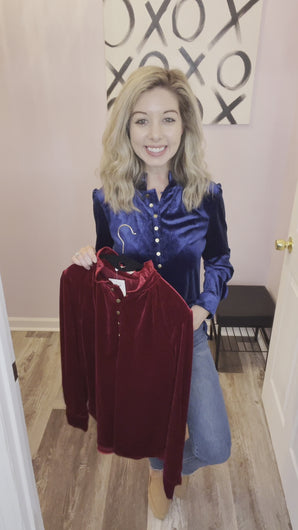Dark Red Velvet Feeling Buttoned Long Sleeve Top