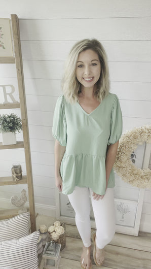 Mint V Neck Bubble Sleeve Top