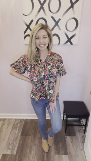 Multi Colored Paisley Bubble Sleeve Top