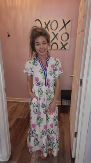 White Multi-Colored Floral Design With Pink & Blue V Neckline Trim Maxi Dress