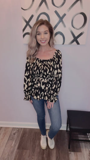 Black & Nude Leopard Print Smocked Long Sleeve Top