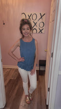 Load and play video in Gallery viewer, Denim Blue Ruffle Hem Button Down Back Peplum Top
