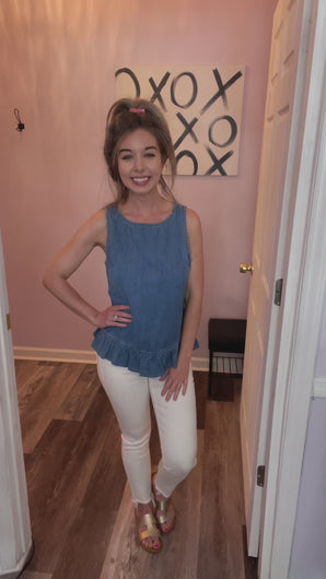 Denim Blue Ruffle Hem Button Down Back Peplum Top