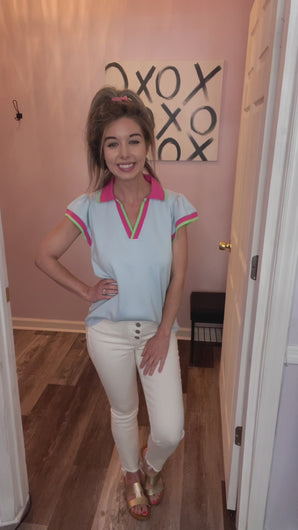 Blue With Pink & Green Trim Colored Top