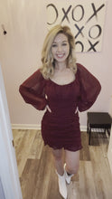 Load and play video in Gallery viewer, Burgundy Swiss Dot Long Sleeve Ruched Mini Dress
