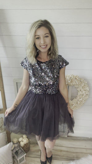 Short Sleeve Sequin & Tulle Mini Dress