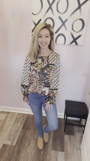 Floral Geometric Print Long Sleeve Top