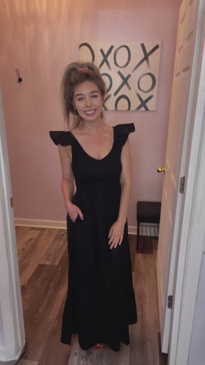 Black Smocked Upper Half Ruffle Sleeve Maxi Dress