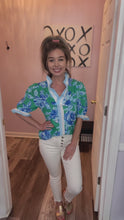Load and play video in Gallery viewer, Green &amp; Blue Floral Print Ruffle Sleeve &amp; Neckline Top
