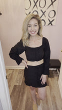 Load and play video in Gallery viewer, 2 Piece Black Ruched Skirt &amp; Crop Top Set
