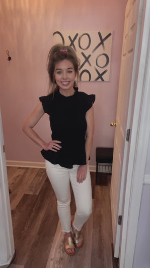 Black Ruffle Sleeves Smocked Peplum Top