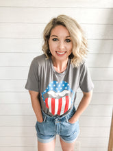 Load image into Gallery viewer, 4th of July Red White and Blue American Flag Rolling Stones mouth and lip grey t shirt
