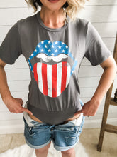 Load image into Gallery viewer, 4th of July Red White and Blue American Flag Rolling Stones mouth and lip grey t shirt

