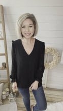 Load and play video in Gallery viewer, Black Ruffled Shoulder Swiss Dot Buttoned Top
