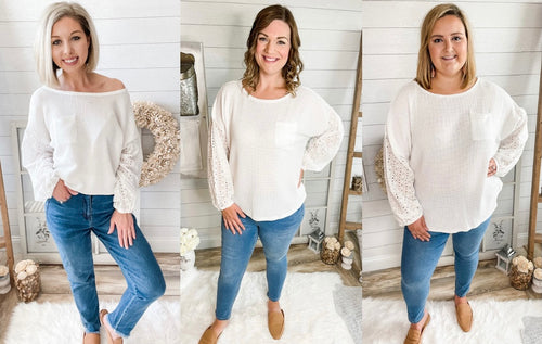 Waffle Knit Lightweight Sweater With Eyelet Bubble Sleeves