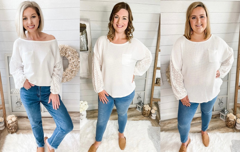 Waffle Knit Lightweight Sweater With Eyelet Bubble Sleeves