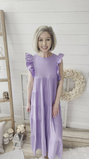 Lavender Ruffled Sleeve Babydoll Tiered Maxi Dress