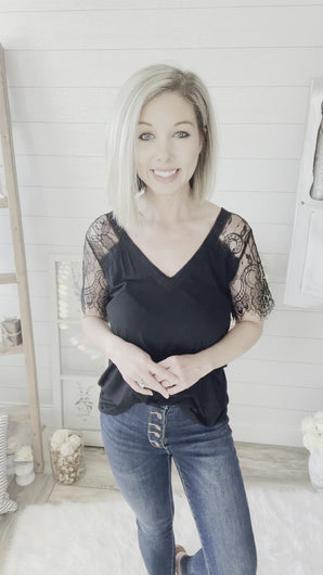 Black Scalloped Lace Short Sleeve Top