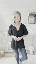 Load and play video in Gallery viewer, Lace Trim V Neck Swiss Dot Flutter Sleeve Top
