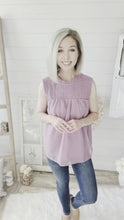 Load and play video in Gallery viewer, Lavender Swiss Dot Smocked Crew Neck Tank Top
