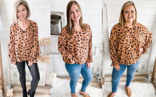 Leopard Print V Neck Balloon Sleeve Top