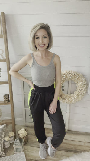 Ash Grey Tricot Track Joggers With Neon Yellow Side Stripes