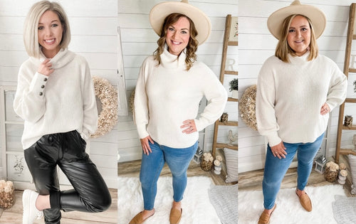 Vanilla Bean Button Sleeve Ribbed Turtleneck Sweater