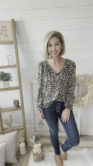 Black and Neutral Leopard Print Long Sleeve Top