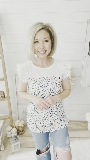 Floral Print Top With Eyelet Flutter Sleeves