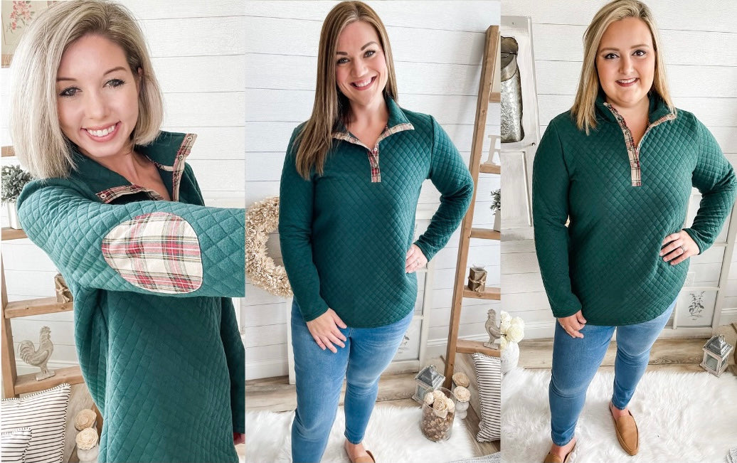 Green and Plaid Elbow Pad Quilted Pullover