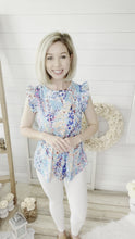 Load and play video in Gallery viewer, Blue Floral Print Lilly Inspired Ruffled Top
