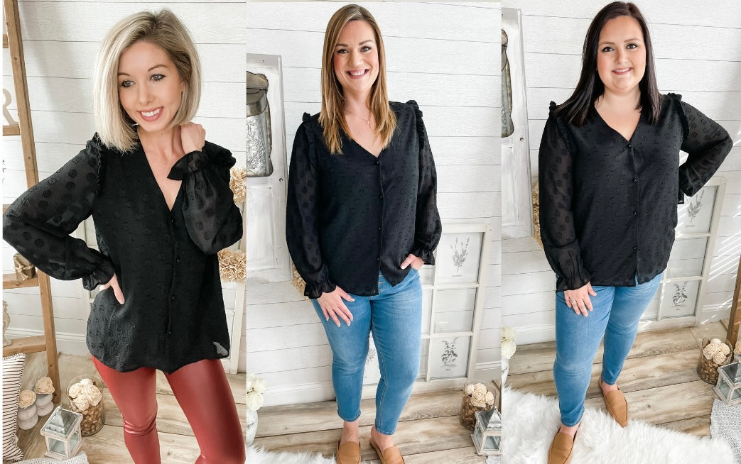 Black Ruffled Shoulder Swiss Dot Buttoned Top