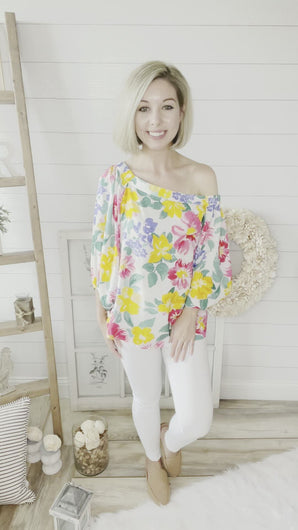 Floral Print Off Shoulder Bubble Sleeve Top