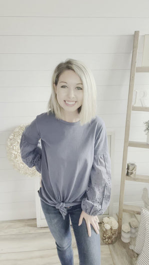 Front Tie Eyelet Bubble Sleeve Top