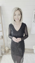 Load and play video in Gallery viewer, Black Long Sleeve Asymmetric Sequin Dress
