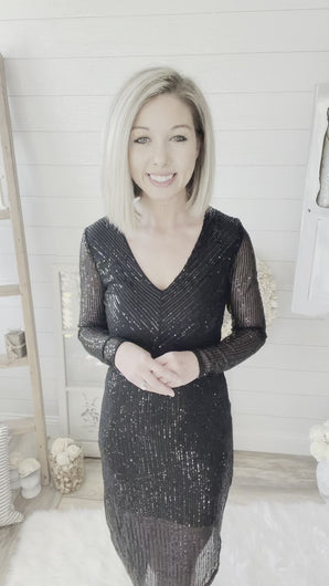 Black Long Sleeve Asymmetric Sequin Dress