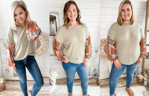 Sage and Paisley Bubble Sleeve Waffle Knit Lightweight Sweater