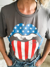 Load image into Gallery viewer, 4th of July Red White and Blue American Flag Rolling Stones mouth and lip grey t shirt
