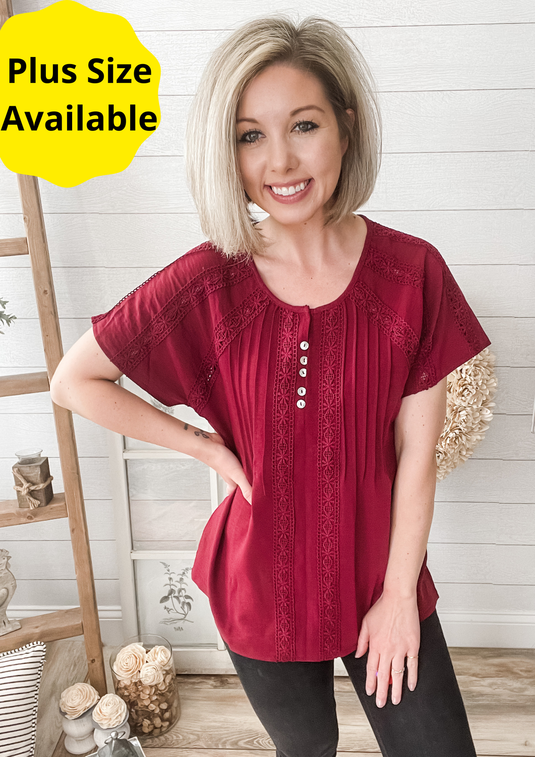 Crochet Patterned Button Down Short Sleeve Top
