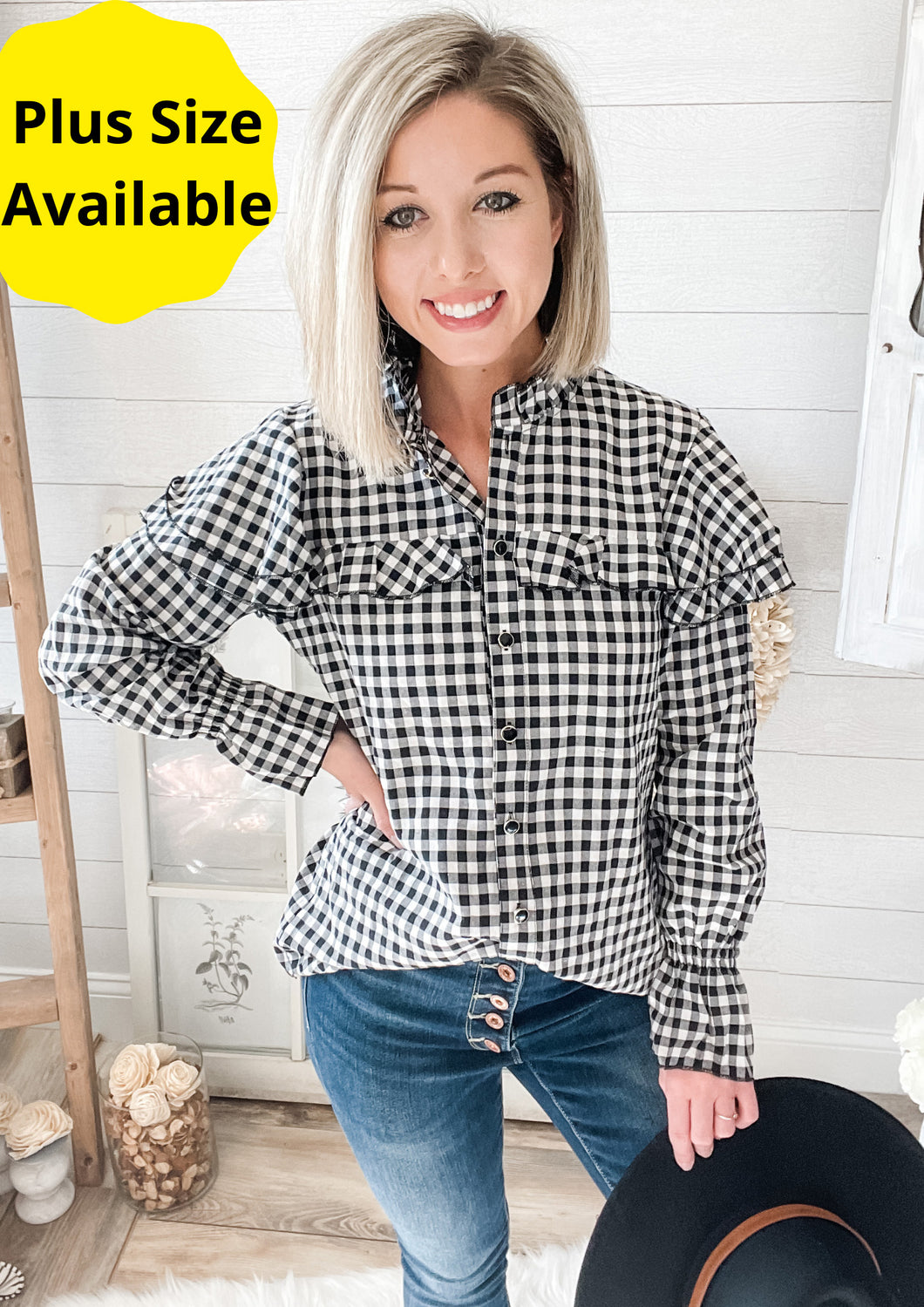 Black and White Buffalo Plaid Ruffled Top