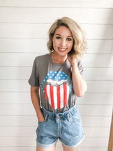 Load image into Gallery viewer, 4th of July Red White and Blue American Flag Rolling Stones mouth and lip grey t shirt
