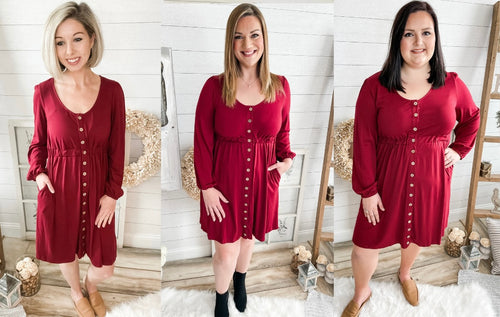 Dark Red Button Down Long Sleeve Dress