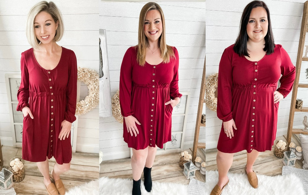 Dark Red Button Down Long Sleeve Dress