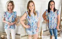 Load image into Gallery viewer, Blue Floral Print Lilly Inspired Ruffled Top
