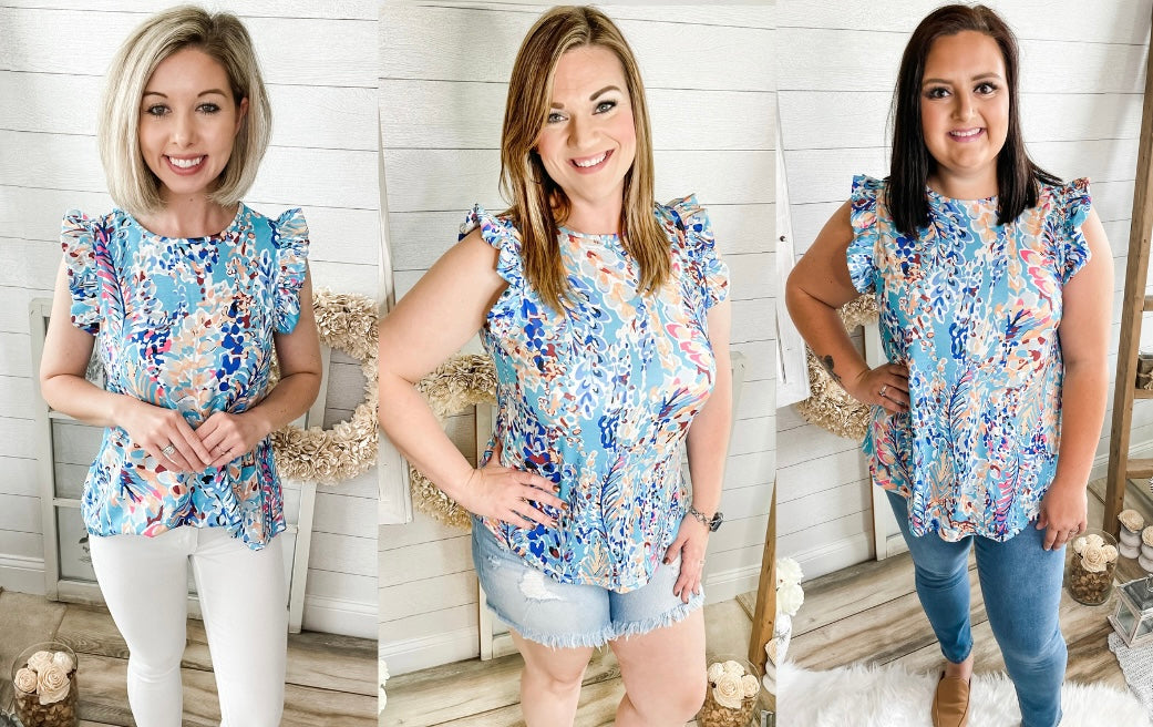 Blue Floral Print Lilly Inspired Ruffled Top