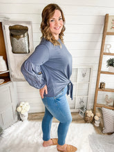 Load image into Gallery viewer, Front Tie Eyelet Bubble Sleeve Top
